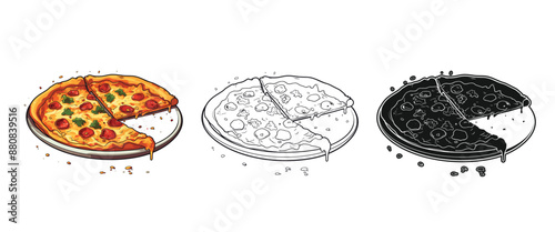 Pizza vector illustration, outline, silhouette on white background.