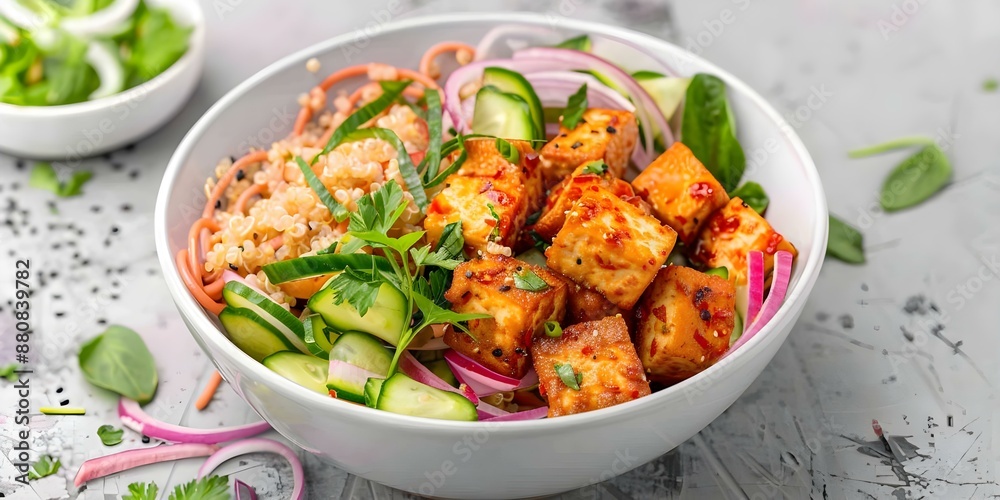 Zoodle Bowl with Fried Tofu, Red Quinoa, Red Onion, and Herbs. Concept Zoodle Bowl, Fried Tofu, Red Quinoa, Red Onion, Herbs, Healthy Meal Zoodle Bowl with Fried Tofu, Red Quinoa, Red Onion, and Herbs. Concept Zoodle Bowl, Fried Tofu, Red Quinoa, Red Onion, Herbs, Healthy Meal