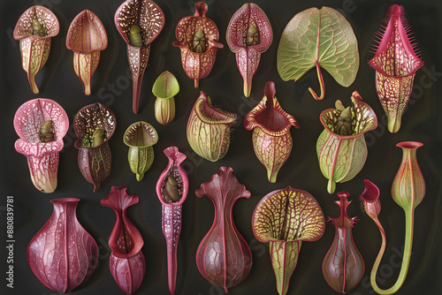 Pitcher plant varieties collections,, cross-sections, and trapped insects, knolling arrangement. photo