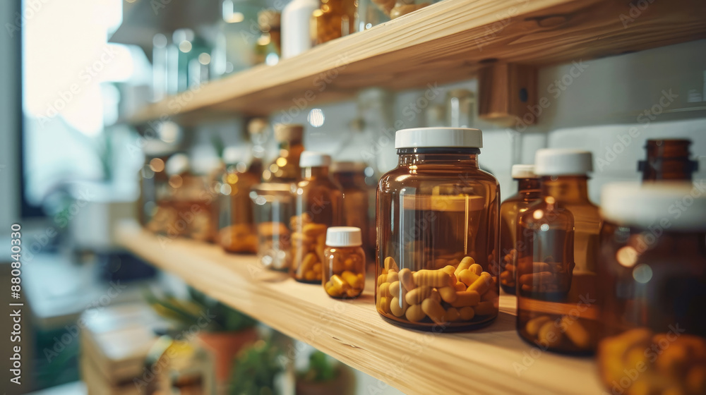 Close-up of Pharmacy Shelf with Medicine Bottles and Pills on Wood Surface Close-up of Pharmacy Shelf with Medicine Bottles and Pills on Wood Surface