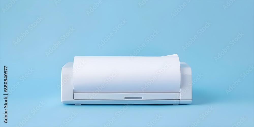 Sleek mini printer with fresh paper roll on clean blue background. Concept Minimalist Photography, Technology Accessories, Office Stationery, Modern Gadgets, Blue Aesthetic Sleek mini printer with fresh paper roll on clean blue background. Concept Minimalist Photography, Technology Accessories, Office Stationery, Modern Gadgets, Blue Aesthetic