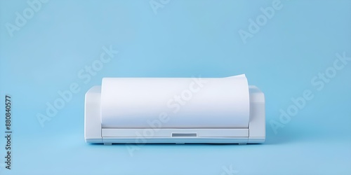 Sleek mini printer with fresh paper roll on clean blue background. Concept Minimalist Photography, Technology Accessories, Office Stationery, Modern Gadgets, Blue Aesthetic photo