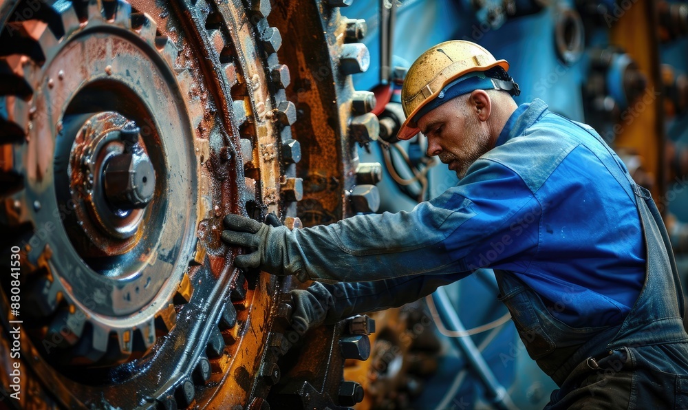 An engineer wearing protective gloves and a helmet works meticulously to repair a large, complex industrial machine, highlighting the skills and dedication of modern engineering An engineer wearing protective gloves and a helmet works meticulously to repair a large, complex industrial machine, highlighting the skills and dedication of modern engineering