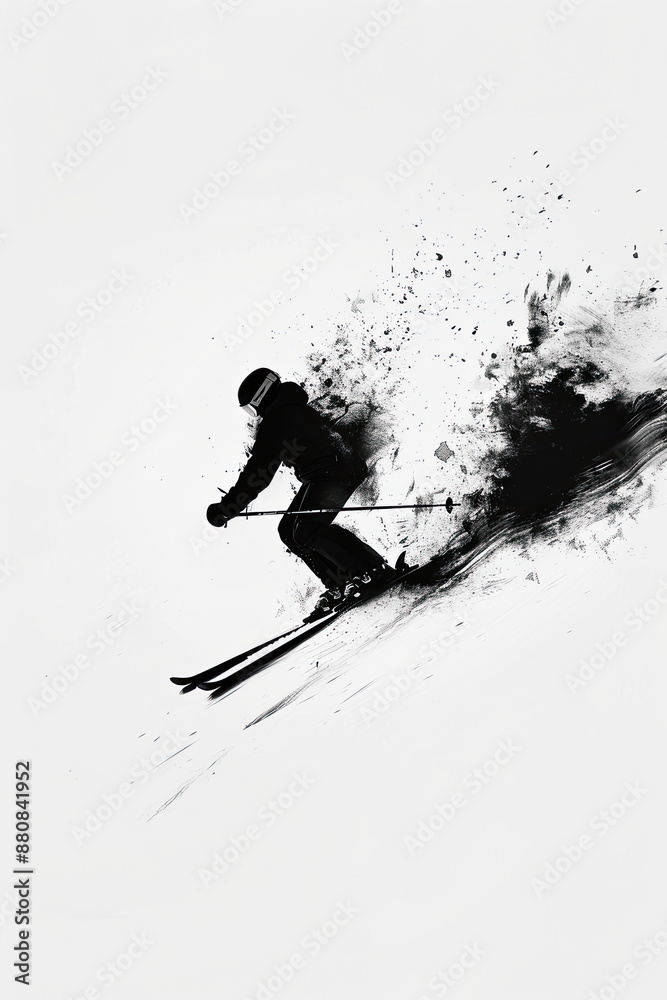 Fototapeta premium A black and white sketch of a person skiing down a slope