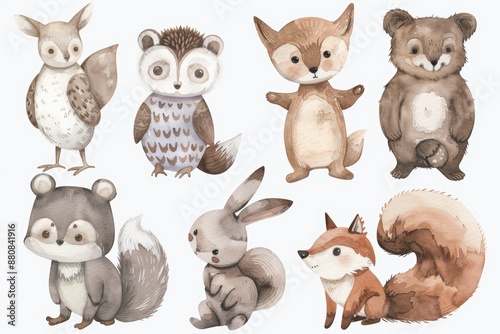 A safari animal set with a bear, squirrel, fox, owl, hedgehog, and hare in 3D style. Isolated. © Zaleman
