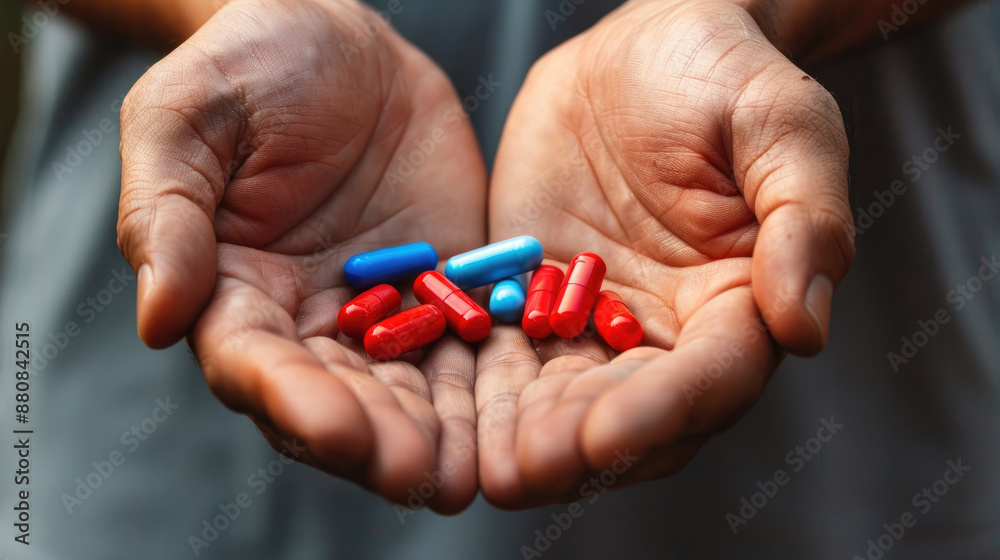 Man's Hands with Red and Blue Pills, Depicting Choice Man's Hands with Red and Blue Pills, Depicting Choice