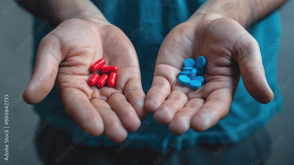 Man's Hands with Red and Blue Pills, Depicting Choice Man's Hands with Red and Blue Pills, Depicting Choice