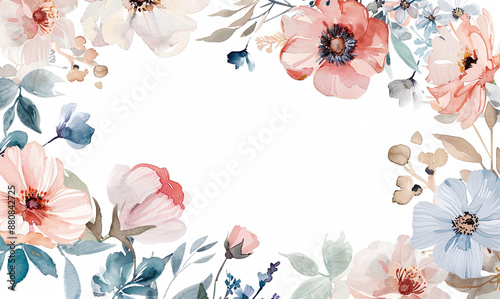 Fototapeta Naklejka Na Ścianę i Meble -  Beautiful watercolor frame with anemone flowers and leaves.