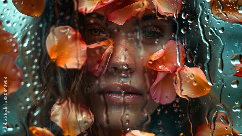 A beautiful woman in a raindrop frame with flowers and petals. A beautiful woman in a raindrop frame with flowers and petals.