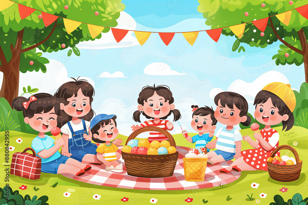 An illustration of five joyful children having a picnic on a sunny day. They are sitting on a red and white checkered blanket, enjoying ice cream cones and a variety of delicious foods. An illustration of five joyful children having a picnic on a sunny day. They are sitting on a red and white checkered blanket, enjoying ice cream cones and a variety of delicious foods.