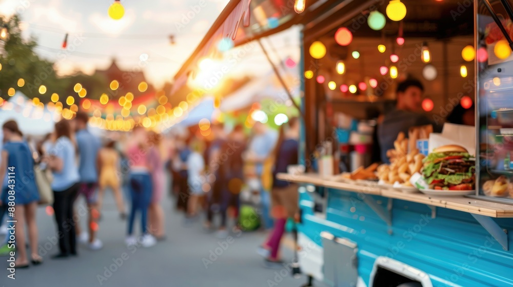 Busy evening street market with a vibrant food truck offering delicious burgers and baguettes, illuminated by colorful string lights and bustling with people.