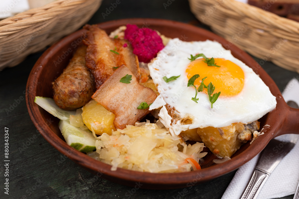 Breakfast dish - scrambled eggs with fried bacon Breakfast dish - scrambled eggs with fried bacon