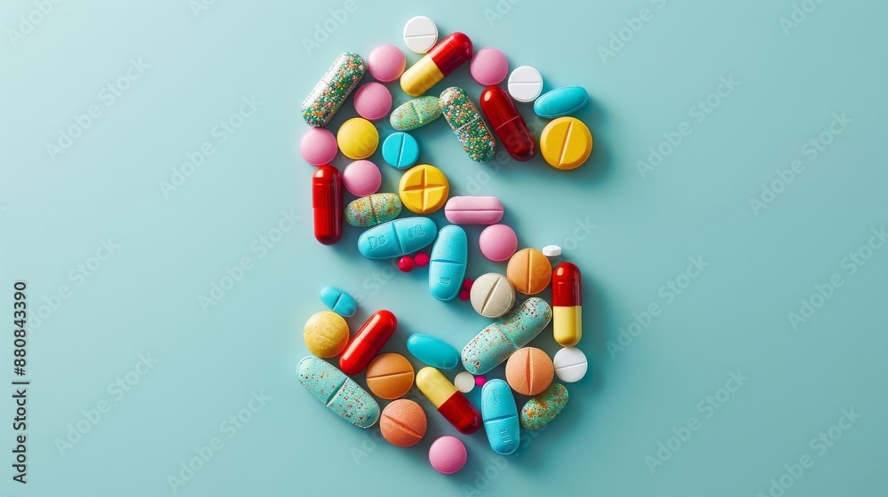 A creative and visually striking composition featuring a variety of colorful pills and tablets arranged in the shape of a dollar sign The background is a soft turquoise A creative and visually striking composition featuring a variety of colorful pills and tablets arranged in the shape of a dollar sign The background is a soft turquoise