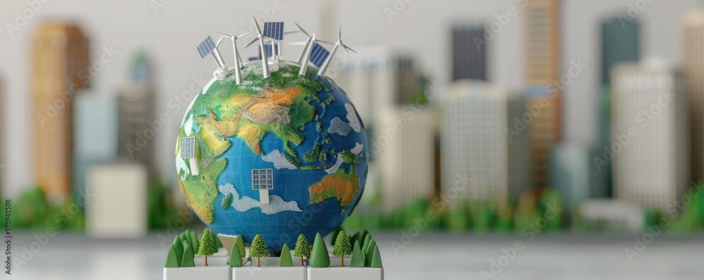 A 3D model of Earth with renewable energy sources like wind turbines and solar panels, representing sustainable energy in a modern city. A 3D model of Earth with renewable energy sources like wind turbines and solar panels, representing sustainable energy in a modern city.