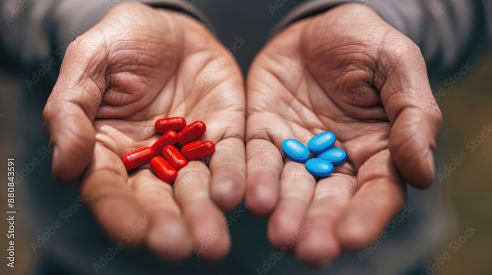 Man's Hands with Red and Blue Pills, Depicting Choice