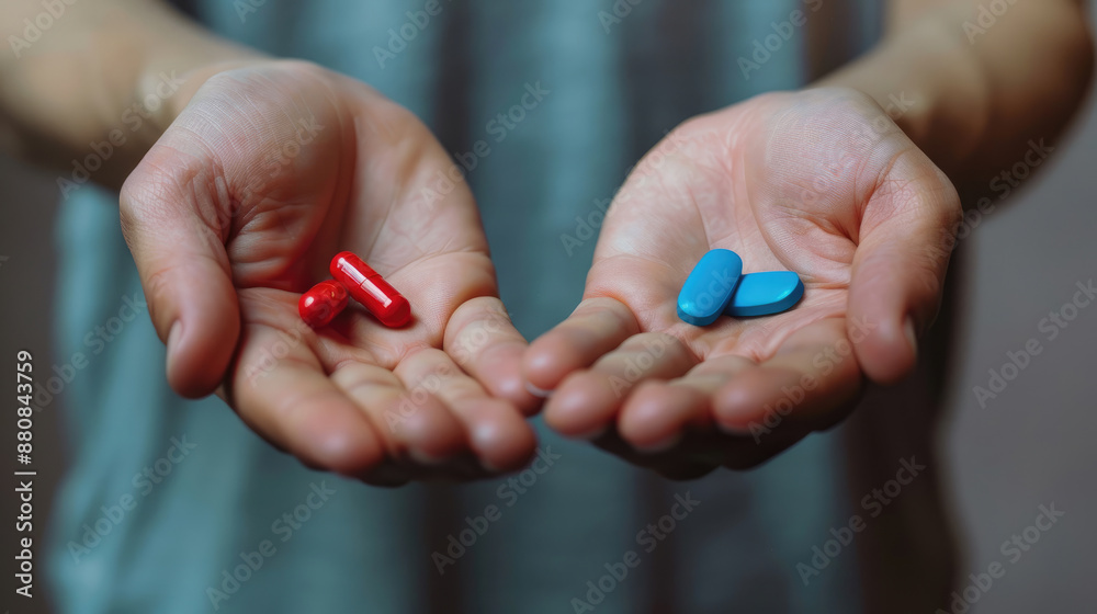 Man's Hands with Red and Blue Pills, Depicting Choice Man's Hands with Red and Blue Pills, Depicting Choice