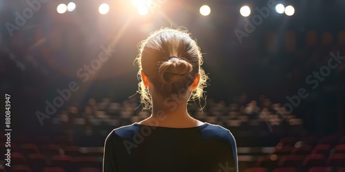 A woman on stage at an award ceremony feeling unworthy despite recognition. Concept Self-doubt, Recognition, Female Empowerment, Award Ceremony, Emotions photo