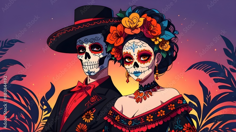 A man and a woman dressed as Day of the Dead. Traditional Day of the Dead costume and makeup. Generative AI A man and a woman dressed as Day of the Dead. Traditional Day of the Dead costume and makeup. Generative AI
