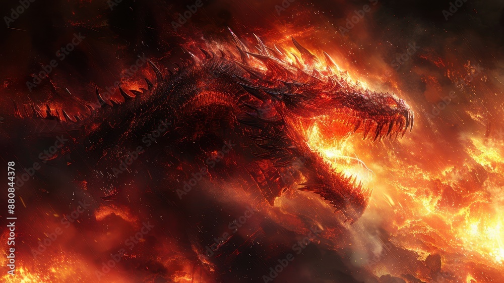 A fierce, fire-breathing dragon emerges from a fiery inferno, showcasing a dramatic and intense fantasy scene.