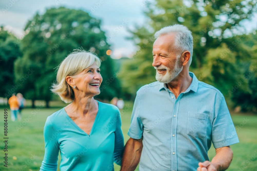 An older couple enjoying a leisurely walk in the park, smiling and talking, bonding together in nature