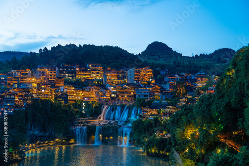 The Wangcun Waterfall at Furong Ancient Town. Amazing beautiful landscape scene of Furong Ancient Town,Furong Zhen village Hunan province, China in chaina photo