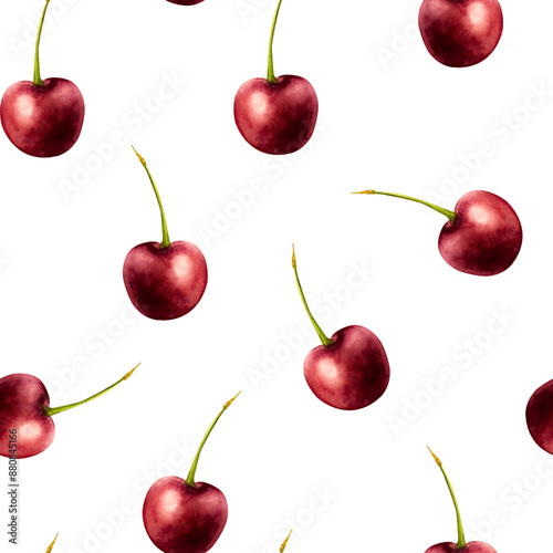 Seamless pattern with sweet ripe cherry. Hand painting red macro watercolor illustration isolated on background. For designers, menu, shop, decorati