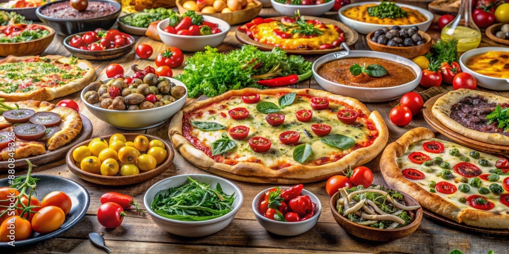 Vibrant pizza buffet spread with diverse toppings and colorful garnishes, inviting communal dining and joyful feasting, with an array of family favorite pizzas on display. Vibrant pizza buffet spread with diverse toppings and colorful garnishes, inviting communal dining and joyful feasting, with an array of family favorite pizzas on display.