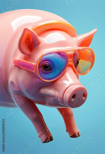 Cute Pig Wearing Sunglasses Against Blue Background