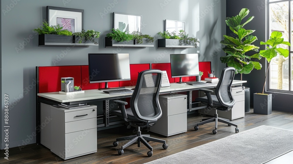 Grey and red desk and chairs in office interior view modern office design Grey and red desk and chairs in office interior view modern office design
