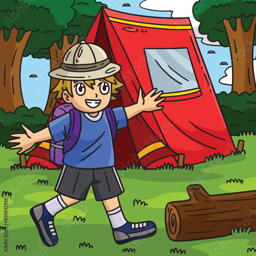 Camping Camper In Front of Tent Colored Cartoon 