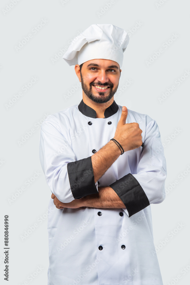 Indian Asian male chef, professional cook with ok, thumbs up, fist sign, isolated white background Indian Asian male chef, professional cook with ok, thumbs up, fist sign, isolated white background