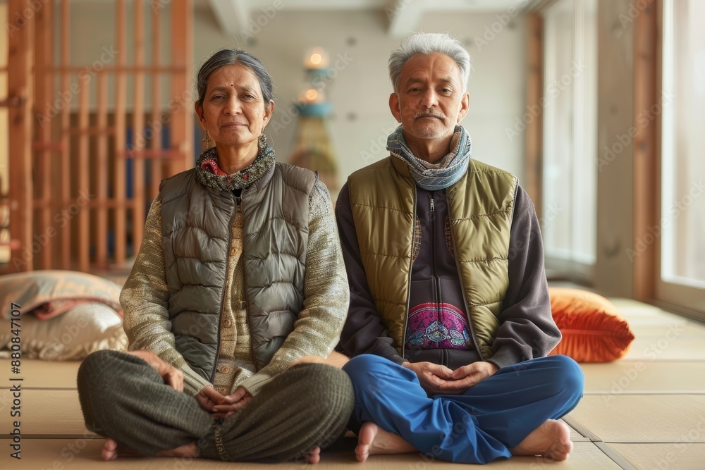 Portrait of a content indian couple in their 50s dressed in a water-resistant gilet over serene meditation room Portrait of a content indian couple in their 50s dressed in a water-resistant gilet over serene meditation room