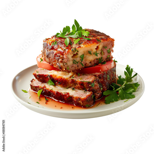 Delicious homemade meatloaf served with fresh parsley garnish on a white plate, perfect for a hearty and satisfying meal., transparent background photo