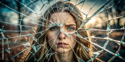 A cracked mirror displays a distorted reflection, symbolizing the fragmentation of one's self-perception, inviting contemplation and introspection of one's fractured identity. photo
