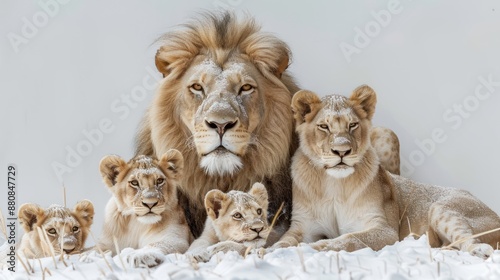 lion family with 3 cubs in white