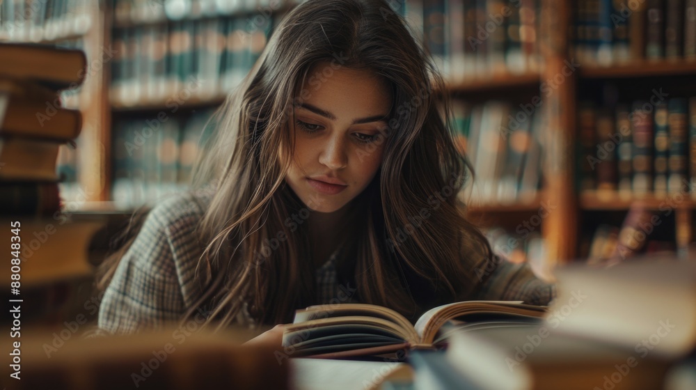 Serene Young Woman Engrossed in Reading at Library Serene Young Woman Engrossed in Reading at Library