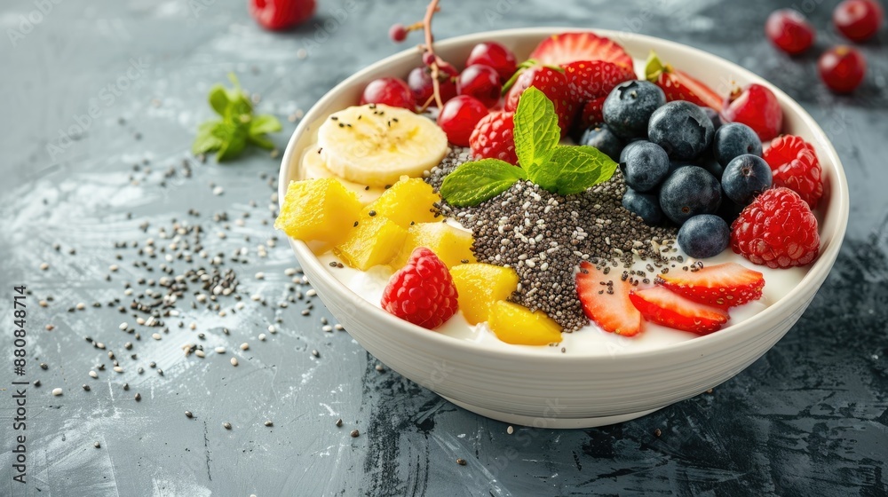 Morning breakfast plate with fruits yogurt and chia flakes on concrete background depicts healthy eating slimming diet Morning breakfast plate with fruits yogurt and chia flakes on concrete background depicts healthy eating slimming diet