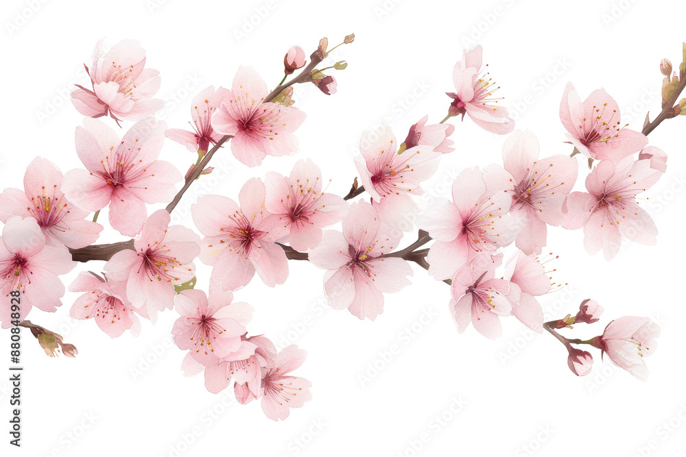 Obraz premium Beautiful branch of pink cherry blossom flowers in full bloom, isolated on white background, symbolizing spring and natural beauty.
