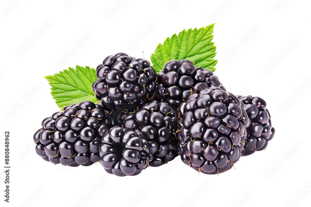 Close-up of ripe blackberries with green leaves isolated on white background. Perfect for food and nature stock photography. Close-up of ripe blackberries with green leaves isolated on white background. Perfect for food and nature stock photography.