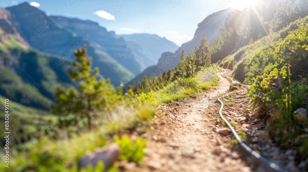 Fototapeta premium Exploring the Majestic Mountain Trails: Hiker Adventuring in the Wild under Sunny Skies