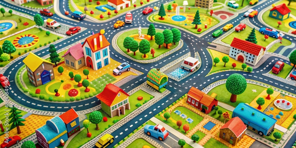 Fototapeta premium Vibrant road mat featuring colorful roads, buildings, and trees, scattered with toy cars, blocks, and other playful elements, showcasing a child's imaginative world.