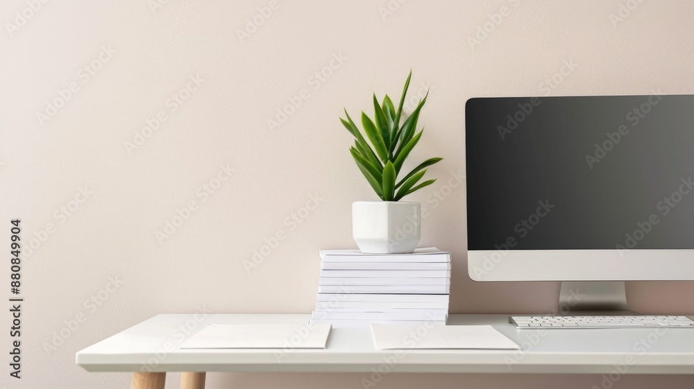 Modern minimalist workspace with computer, plant, and stacked books