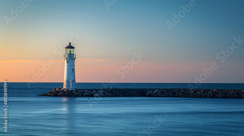 A lighthouse sits on a rocky shoreline, overlooking the ocean
