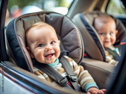 A happy and safe little one: a securely buckled black baby car seat with a sweet smile reflected in the rearview mirror. photo