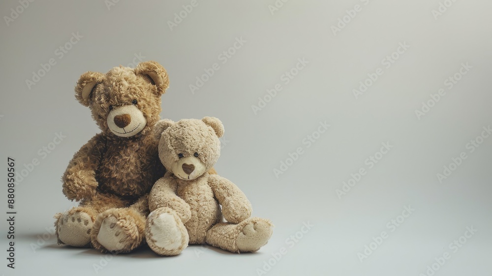 Obraz premium Two cuddly bears sitting side by on neutral background