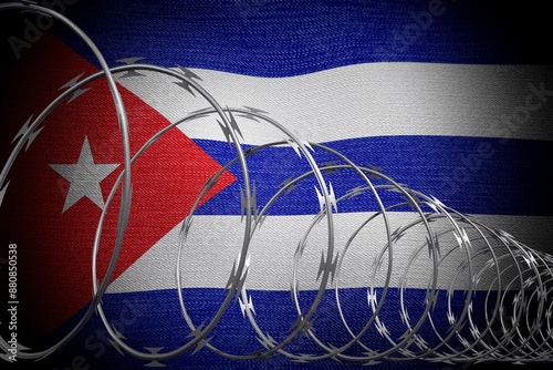 Photography Spiral barbed wire and flag of Cuba - 3d illustration