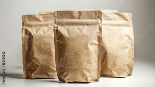 Maquetas de varios envases tipo bolsa con espacio para texto. Concepto de publicidad.