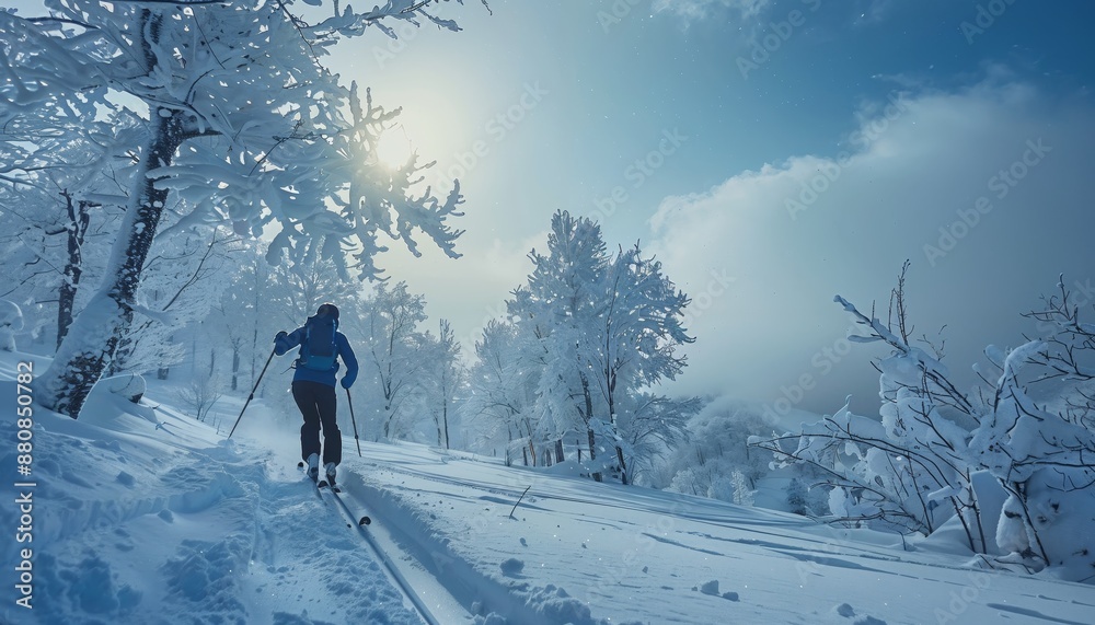Medium shot of cross-country skier gliding through the snow, their endurance and technique evident in their powerful strides Medium shot of cross-country skier gliding through the snow, their endurance and technique evident in their powerful strides