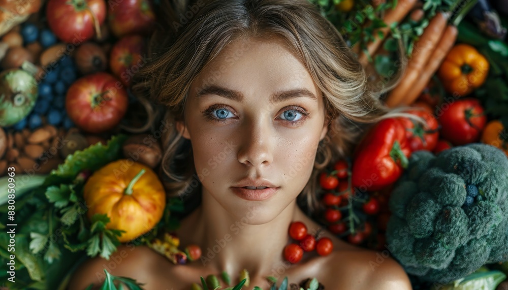 Beauty portrait of a woman surrounded by various healthy food lying on the floor. Healthy eating and sports lifestyle concept Beauty portrait of a woman surrounded by various healthy food lying on the floor. Healthy eating and sports lifestyle concept