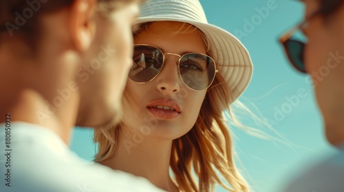 A candid shot of friends talking at a tourist spot, expressing bonding and affection, realistic, cinematic, 8k, very detailed